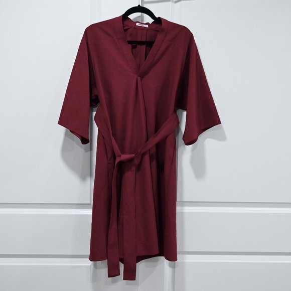 TOME NYC Size 2 V-Neck Belted Shift Dress Burgundy | Size 2 - Picture 2 of 10